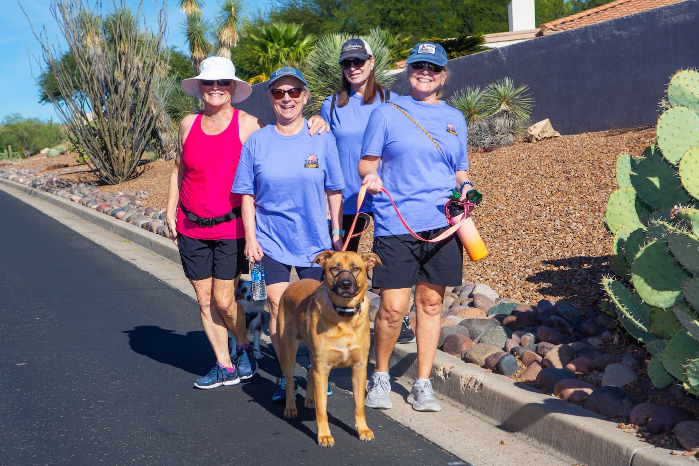 Four walk participants from 2024 pose and smile with a pet dog on a leash.